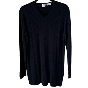 TSE Black 100% Cashmere Chevron Cable Knit V-Neck Sweater Longline Womens Large